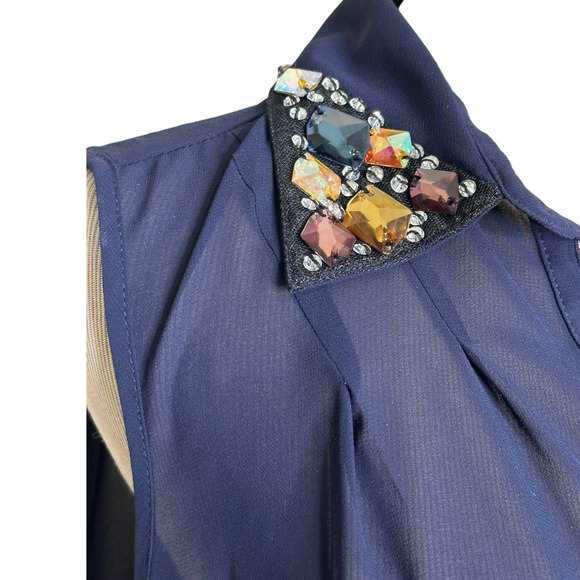 Aqua blue jeweled collared buttoned sleeveless sheer blouse size Small - Picture 7 of 11